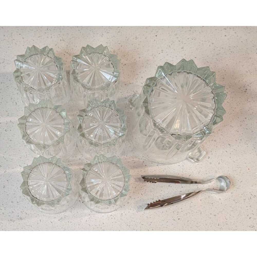 Clear Glass Ice Bucket Set 6 Glasses Italy-Made Tongs - Picture 3 of 16